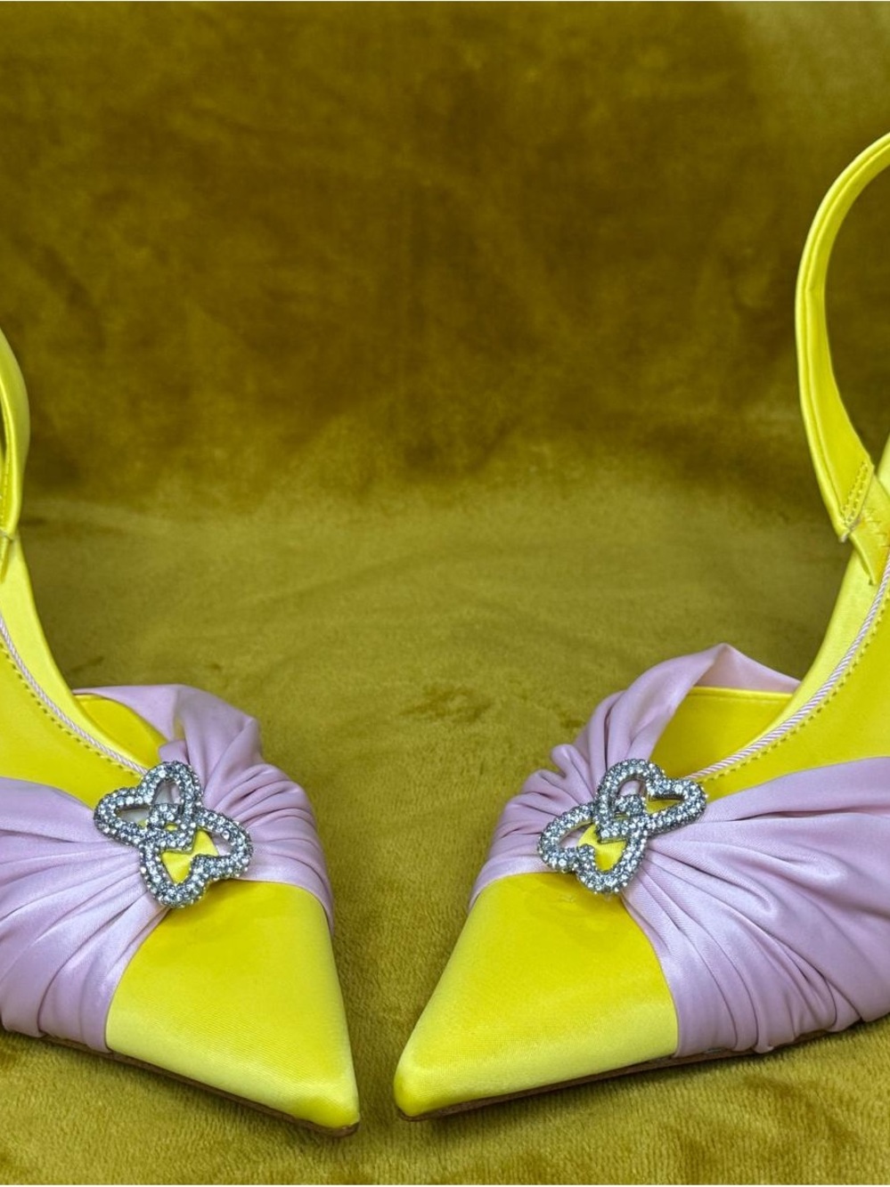 Gianni Bini Yellow and Light Pink Satin Slingback Heels with Crystal Buckle - Picture 4 of 6